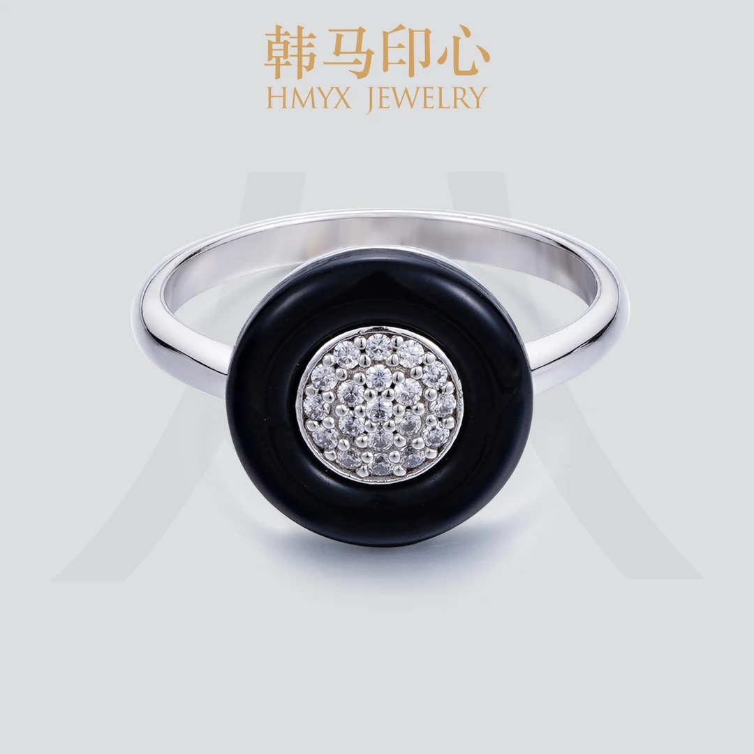 韩马印心S925银天然黑玛瑙小众撞色戒指简约设计高级感指环