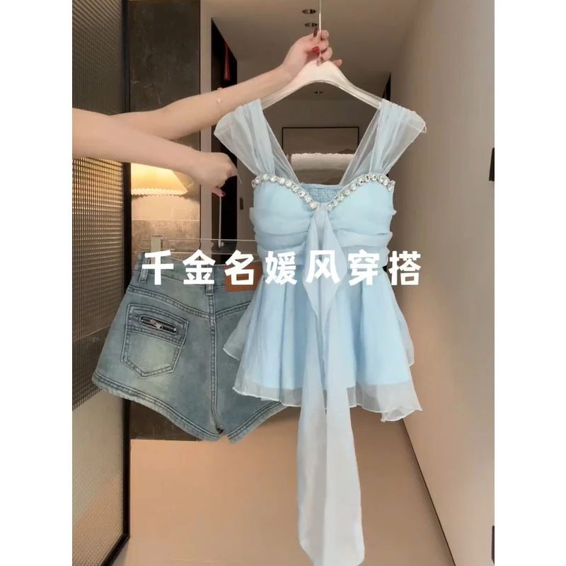 夏季套装女2025新款法式甜美蝴蝶结镶钻背心上衣牛仔短裤两件套潮