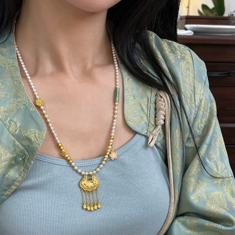 仿珍珠项链新中式古法长款平安如意锁复古风配马面裙手百搭