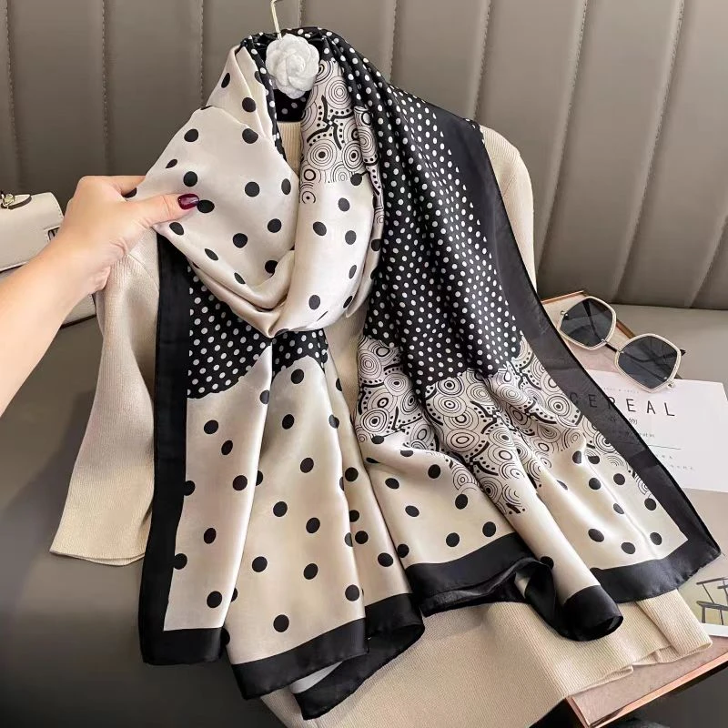 2025新款180cm新爆款长丝巾米白波点腰果花时尚百搭护颈穿搭披肩