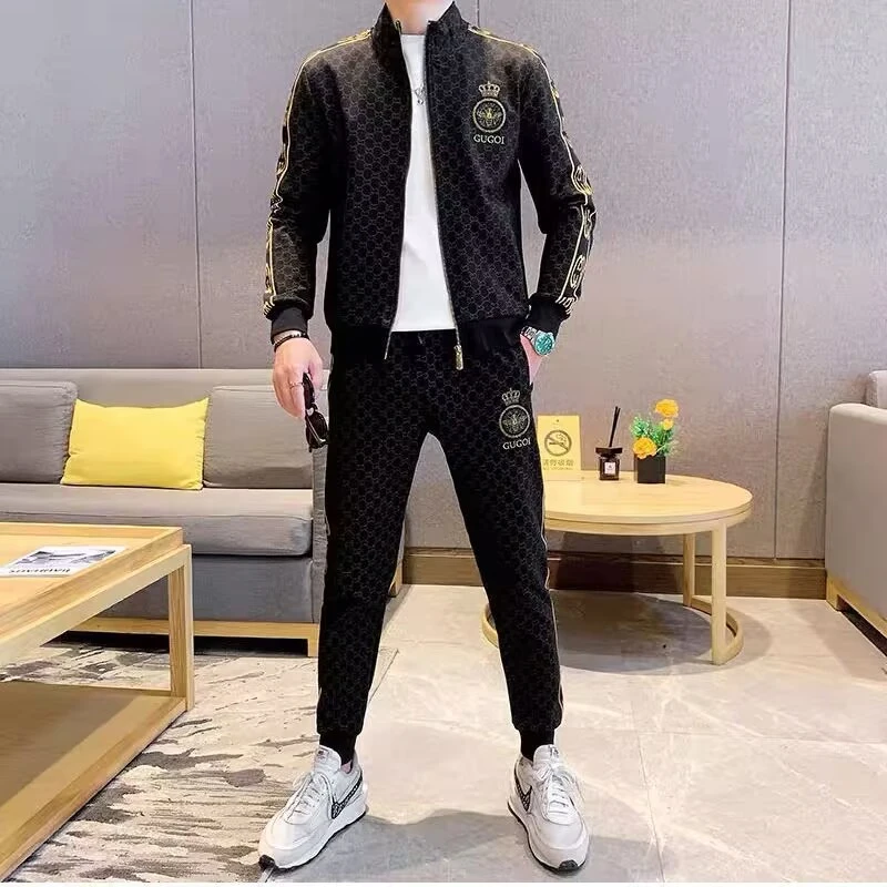 【现货】287男士新款休闲百搭两件套长袖长裤立领外穿运动针织款