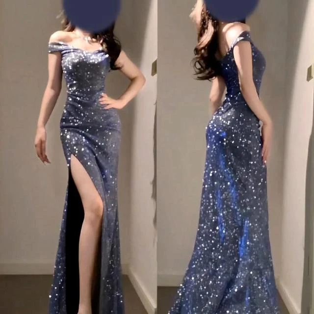 GirlsAt18 高级蓝色闪闪一字肩连衣裙女生日宴会礼服性感开叉长裙