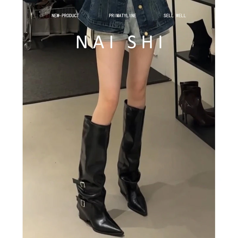 羊皮版！尖头粗跟裤管靴女设计感皮带扣高筒骑士靴不过膝牛仔长靴