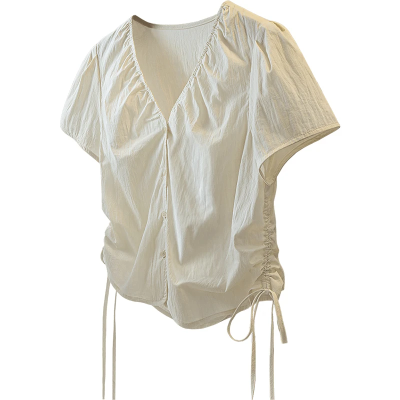 丝柏舍2025夏季新款女装单排扣抽绳正肩短款短袖V领衬衫S52B1543C