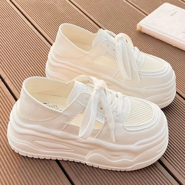 厚底网面小白鞋女2025夏季新款两穿半拖增高板鞋懒人一脚蹬休闲鞋