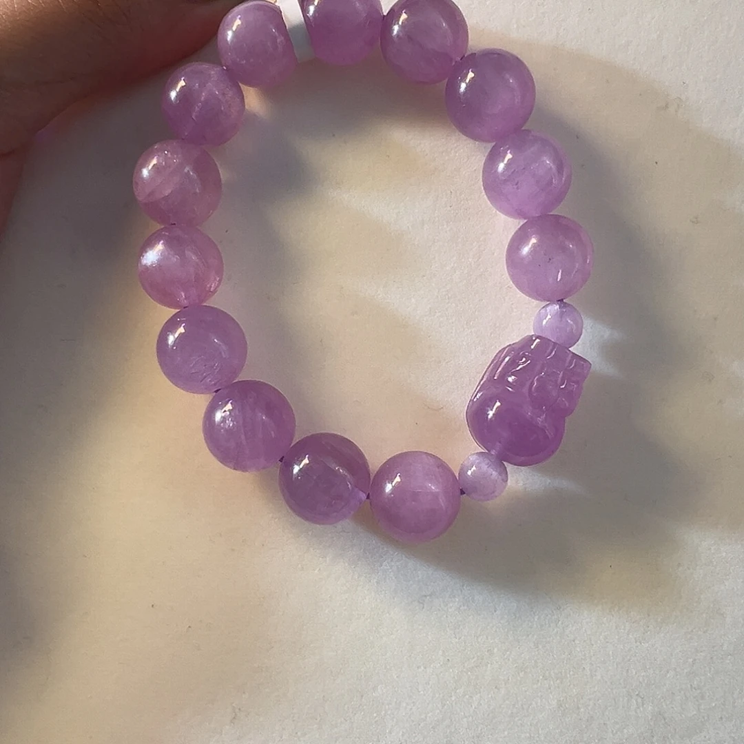 锂辉石未镶嵌手串13咪冰透猫眼紫锂辉手串貔貅设计款