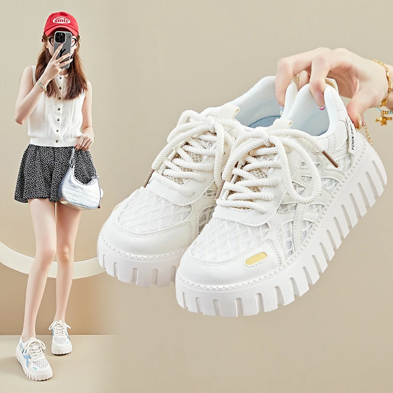 2025夏季网红小白鞋女ins新款韩版网面平底透气舒适增高休闲鞋T7