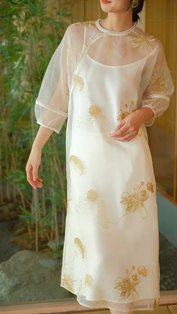 2025夏上新桑蚕丝织金仙花夏季两件套连衣裙