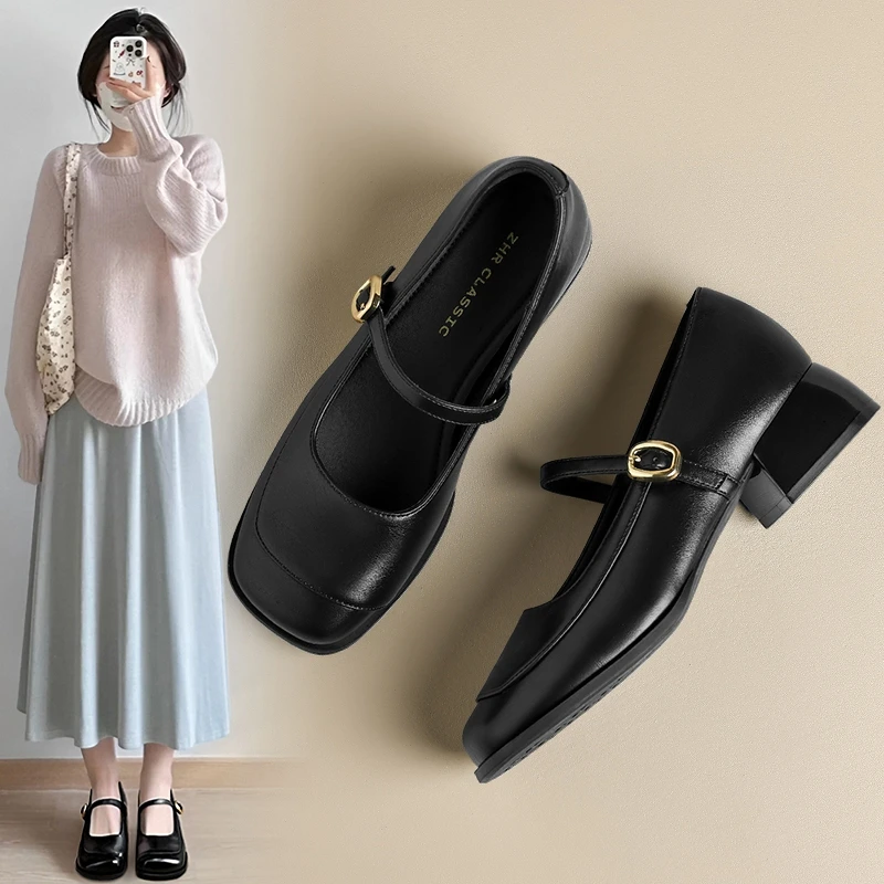 ZHR则则粗跟裙子女2025春季新款复古百搭法式浅口单鞋英伦风女鞋