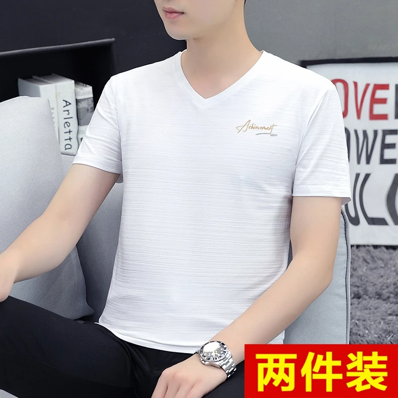 高端时尚短袖t恤男士2025年新款夏季V领长绒棉半袖修身冰丝上衣潮