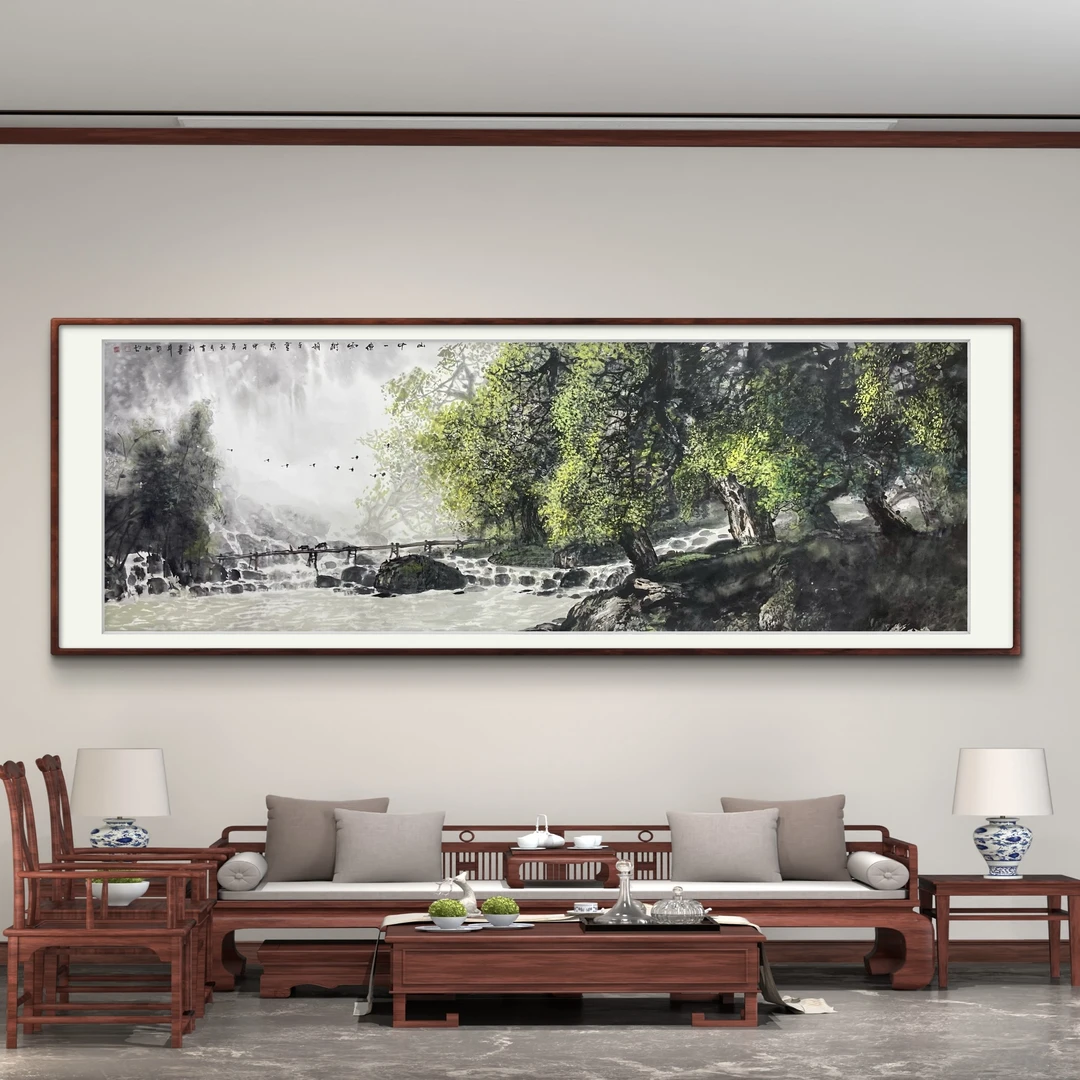 国画沙发后办公室公司客厅山水画青山绿水新中式装修装饰书画挂画