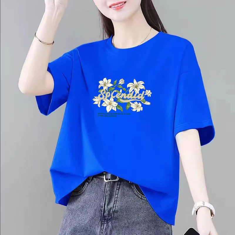 夏季大码200斤100%纯棉短袖T恤时尚休闲百搭半袖印花显瘦圆领上衣