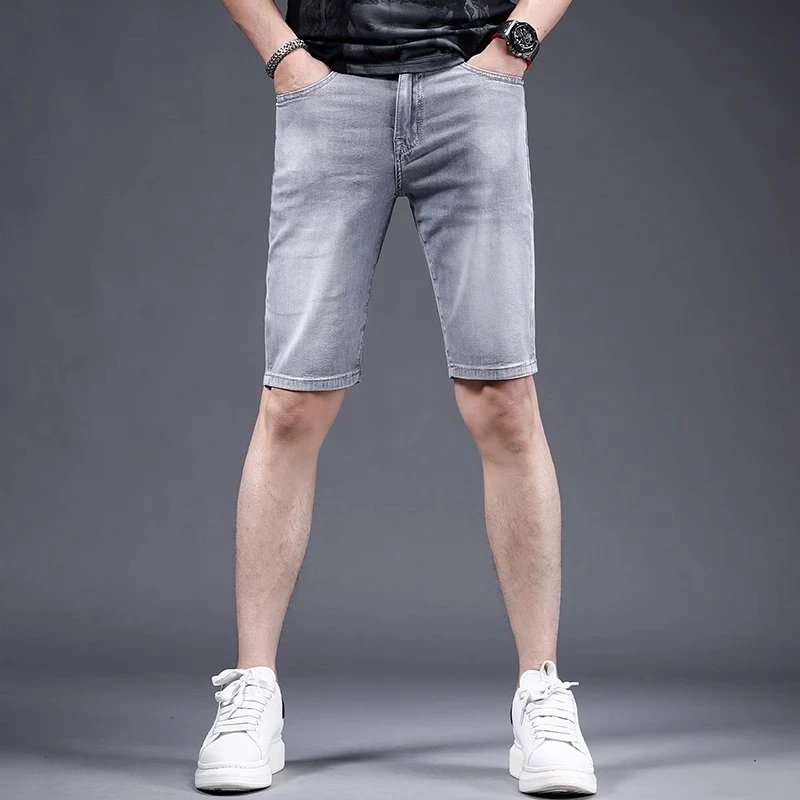 MR.25牛仔短裤潮牌夏季薄修身浅灰色潮流弹力休闲男士中裤五分裤