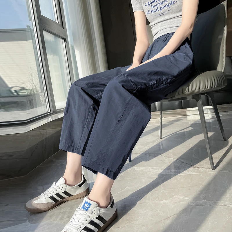 藏蓝色轻量化速干运动裤女春夏薄款高腰显瘦休闲八九分哈伦萝卜裤