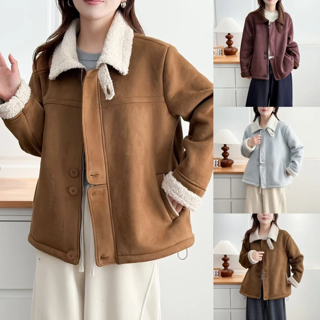 大码美拉德仿麂皮绒皮毛一体短外套女冬季加绒加厚宽松保暖上衣