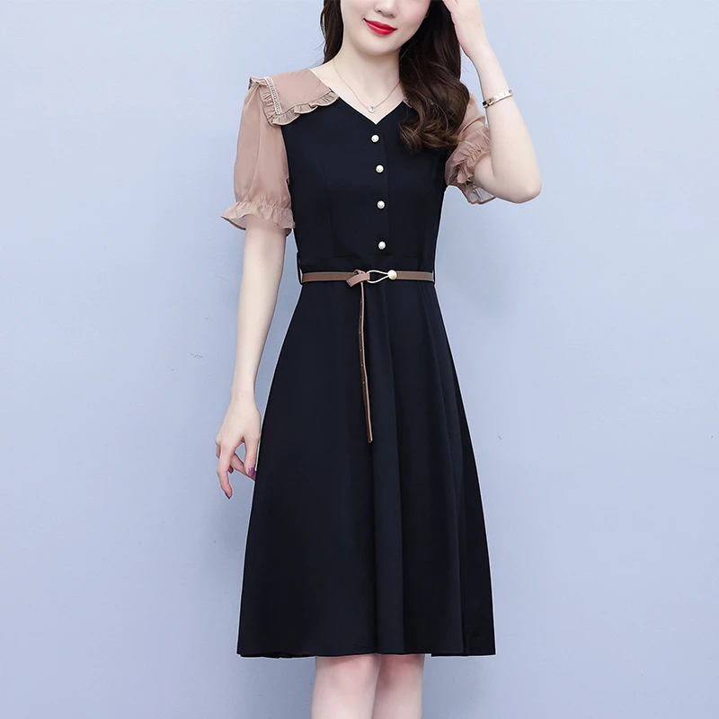 大码连衣裙2025夏季新款时尚高腰遮肉显瘦气质名媛拼接减龄送腰带