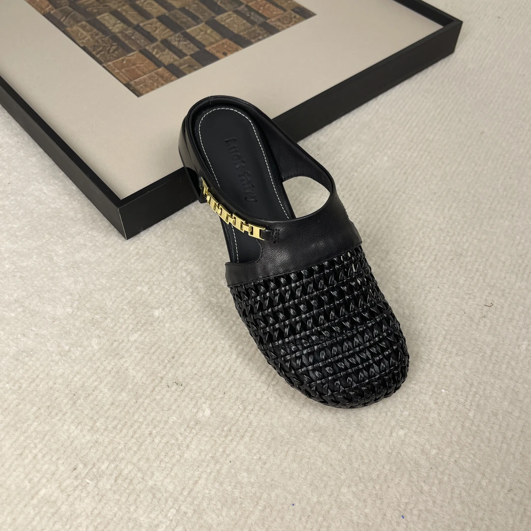 编织低跟粗跟镂空法式包头拖网面夏季时尚凉拖凉鞋百搭圆头HT587