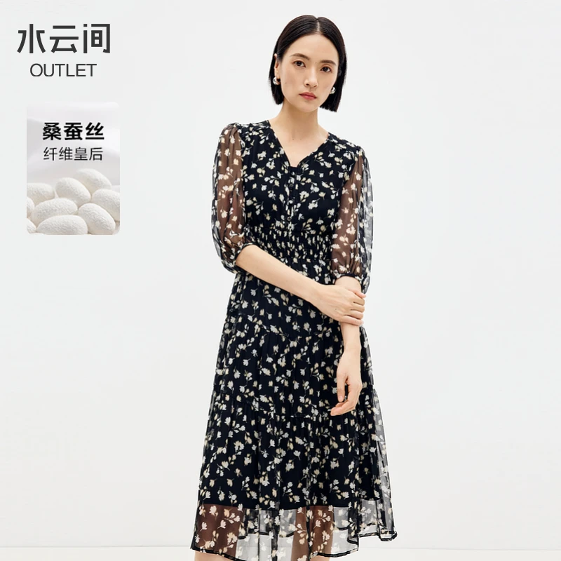 【连衣裙】水云间黑色真丝薄纱连衣裙女v领碎花蛋糕裙12420672