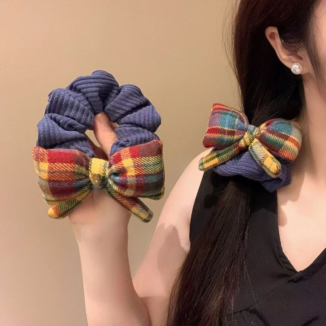 秋冬复古ins彩虹格子蝴蝶结大肠头绳发圈丸子2025马尾发绳新款