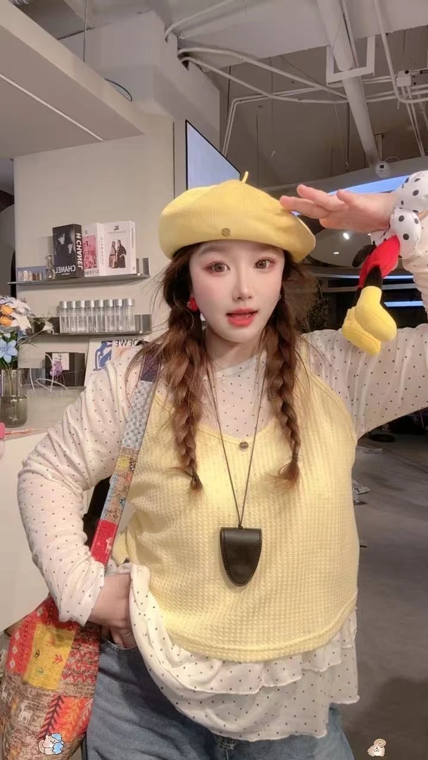 【冯七七】大码韩版显瘦波点上衣糖果色吊带背心两件套