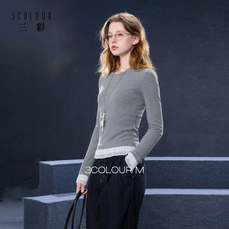 三彩2025秋季新款简约圆领长袖T恤套头打底衫上衣修身木耳边M