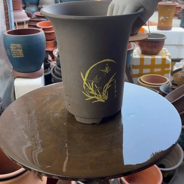 紫砂宜兴紫砂花盆印金兰花盆22