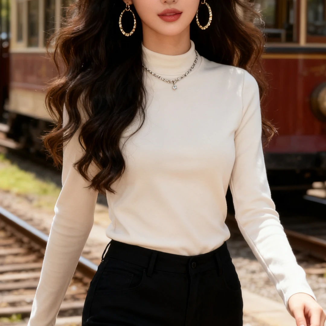 中领半高领加绒打底衫女内搭秋冬2025新款欧货上衣磨毛长袖t恤女