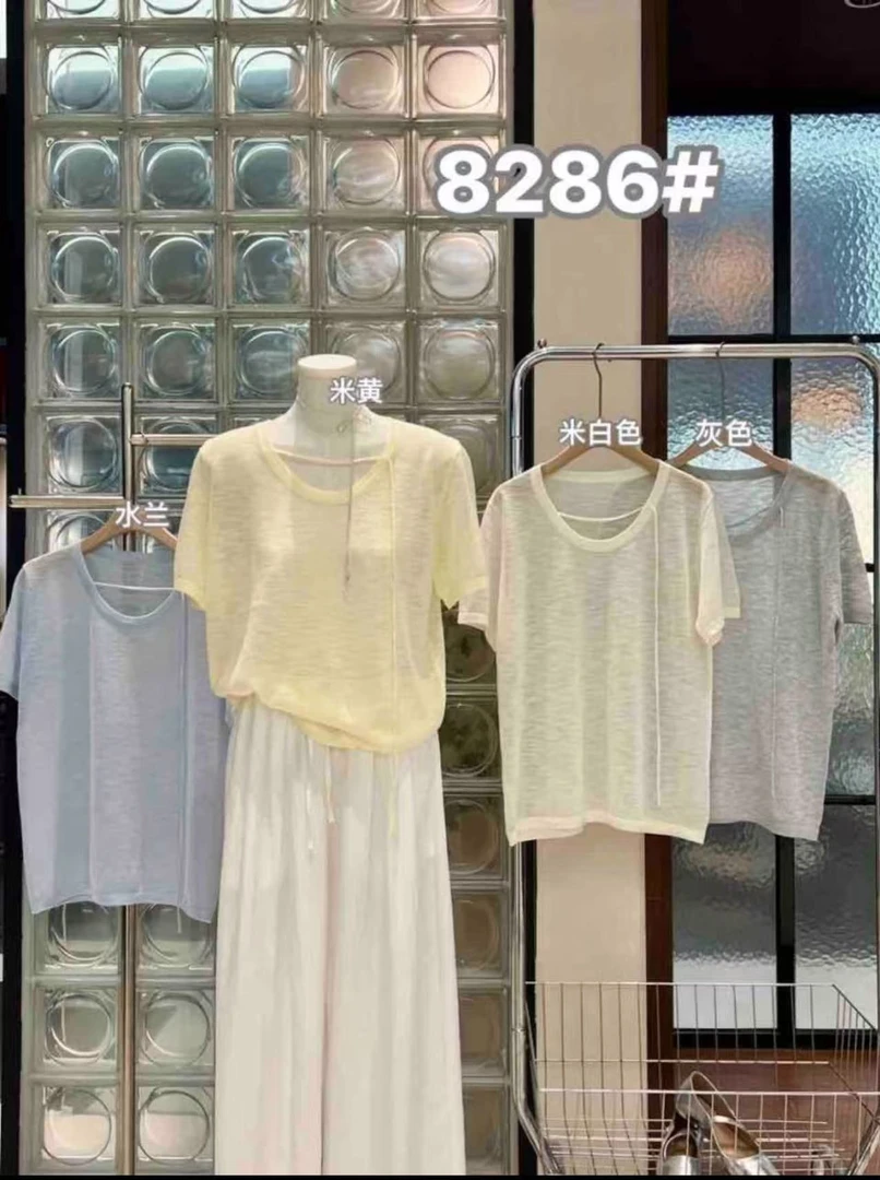 4384号8286#圆领百搭固定飘带设计针织短袖