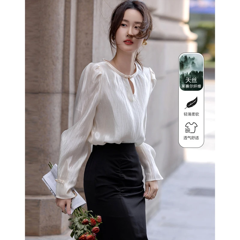 dme德·玛纳时髦春季美拉德衬衫光泽莱赛尔泡泡袖衬衣