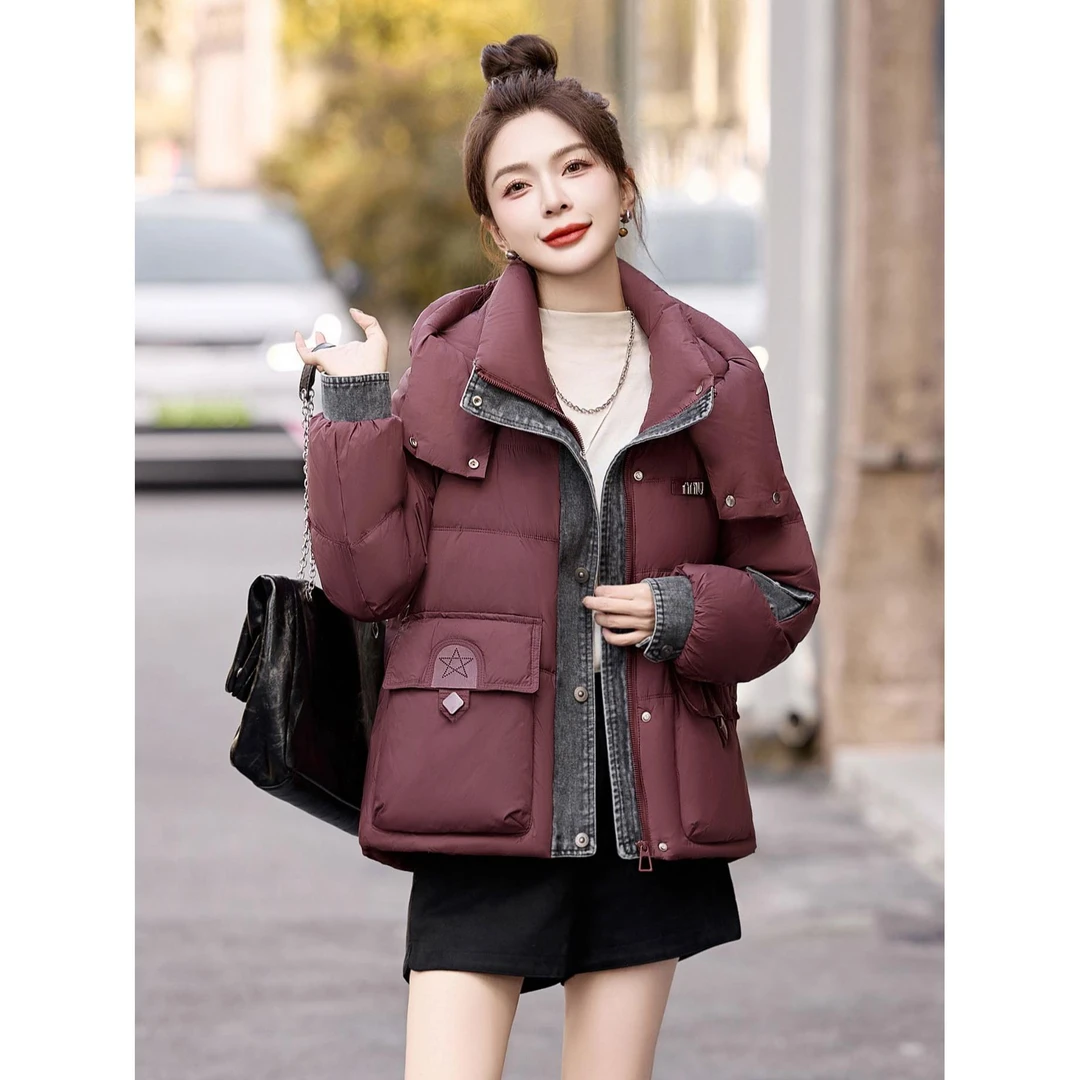 DUCURNO安哥拉红牛仔拼接羽绒服女2026冬季新款设计感加厚保暖外