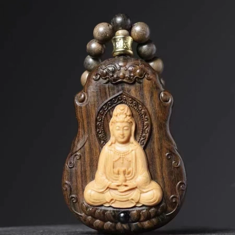 贡木沉观音项链手把件吊坠净瓶观音毛衣链男女佛牌脖挂木雕车挂件