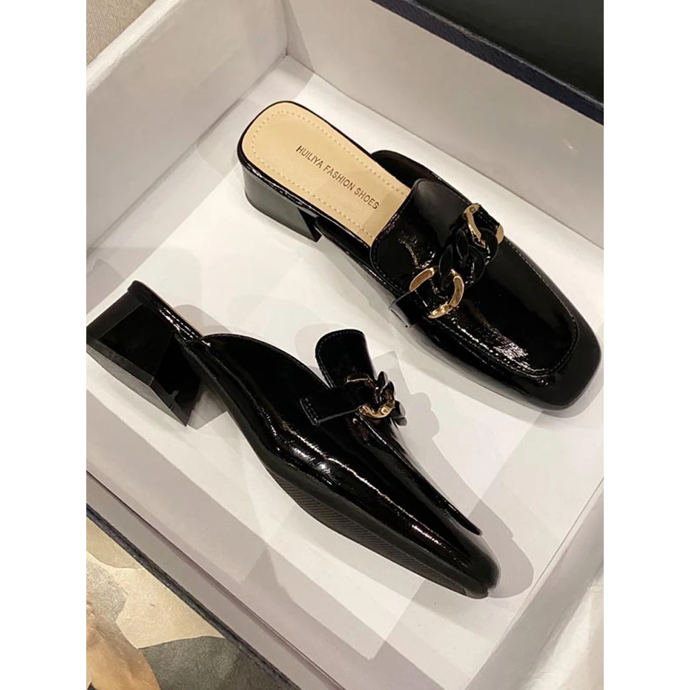 包头半拖鞋女夏外穿软皮法式凉拖鞋2025年新款网红百搭粗跟穆勒鞋