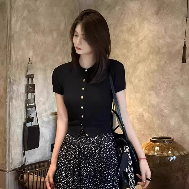 芯娇晴小香风薄款冰丝黑色短袖针织开衫女2025新款夏季修身短上衣