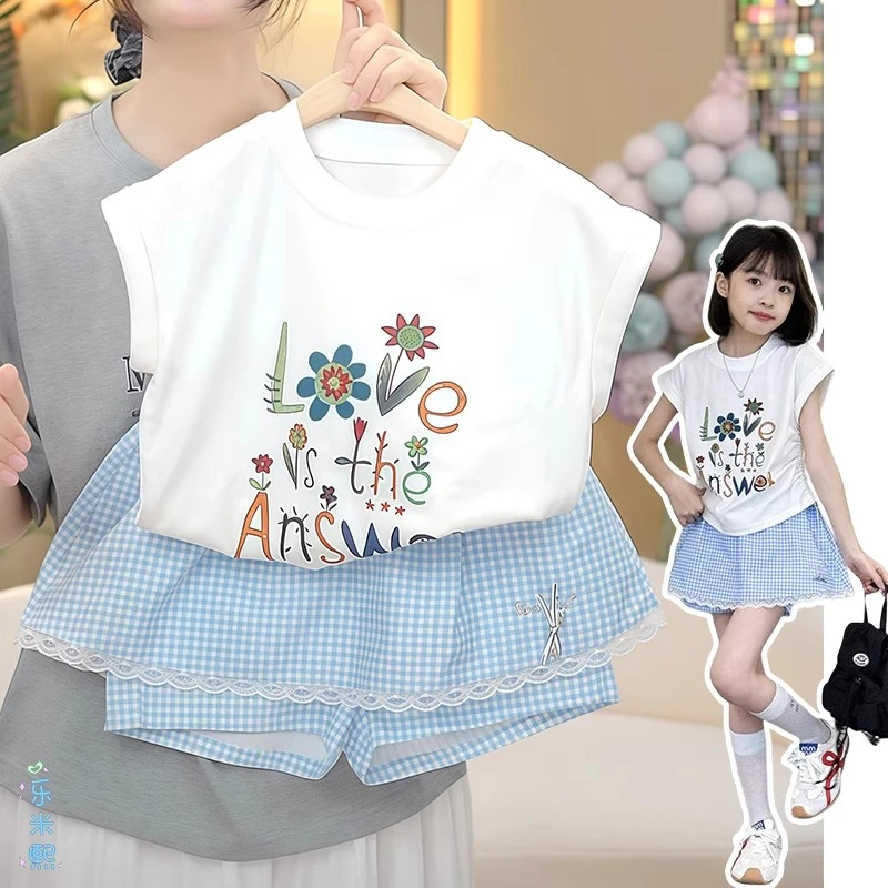 女童夏短袖短裤套装2025夏季新款中大童T恤花边格子假两件裙裤潮9
