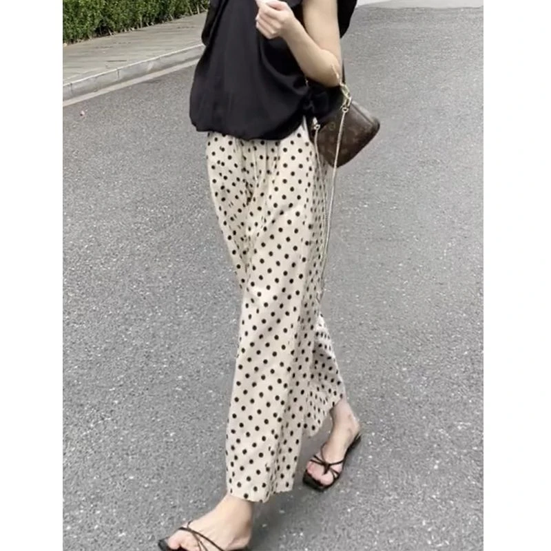 拉夏贝尔高品质休闲阔腿裤夏季2025新款今年流行垂感波点直筒裤子