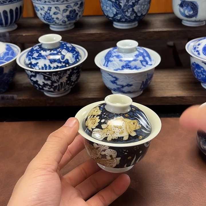 景德镇纯手工手绘釉里金盖碗