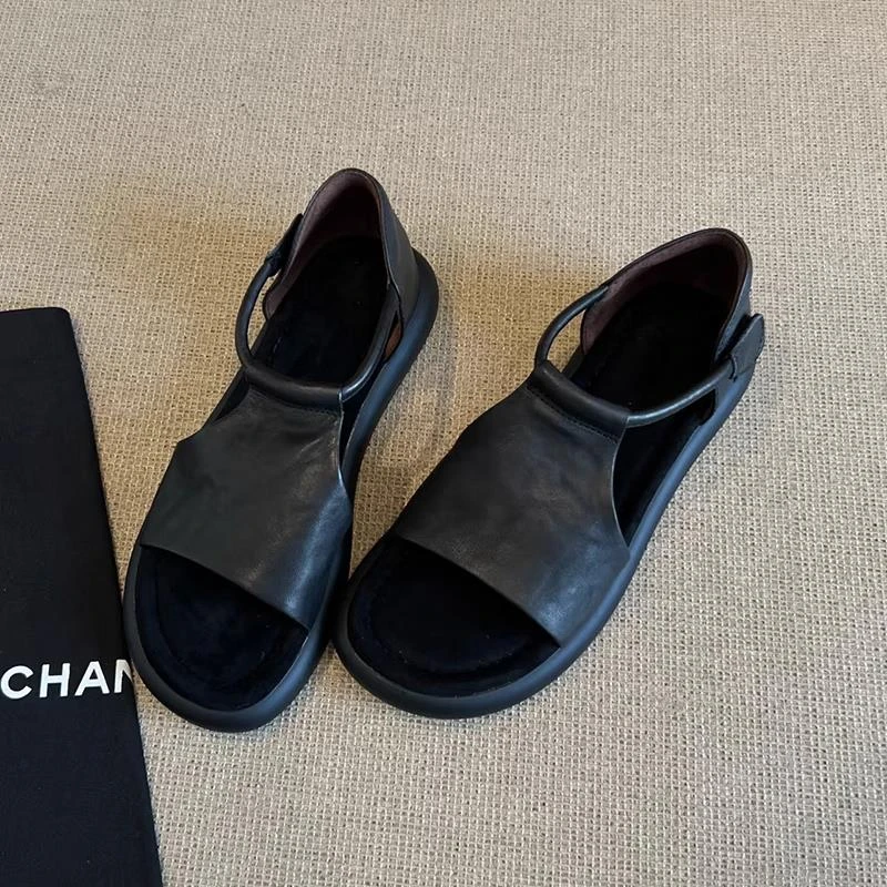 真皮设计复古休闲镂空厚底露趾凉鞋女夏季新款百搭软底增高罗马鞋