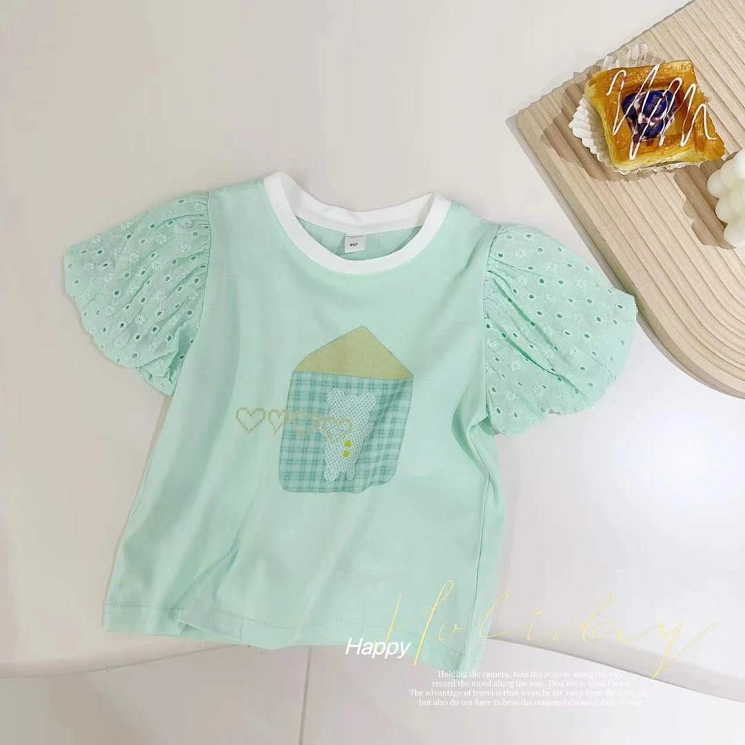 汤圆家童装2025夏季新款韩系甜美泡泡袖撞色T恤 XA-675
