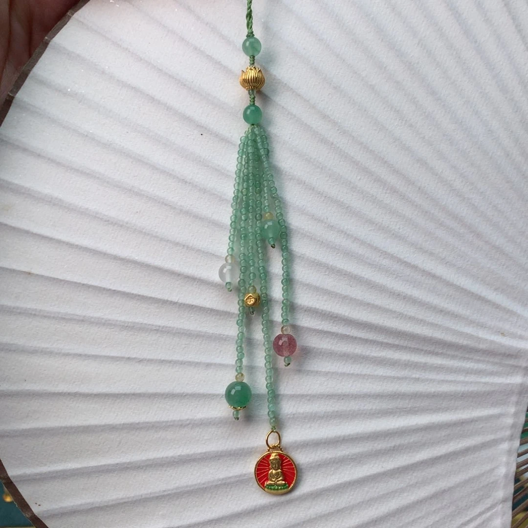 石英质玉冰飘花精品手机链银S925镀金镶嵌