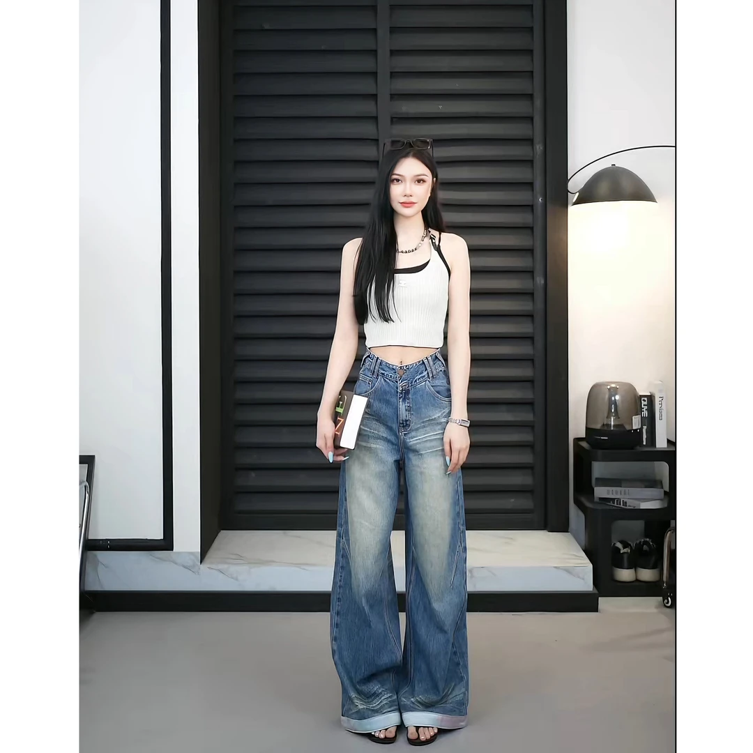 【TO&HR.GIRL】PE2519Q蓝设计真直筒拖地休闲水洗牛仔裤高腰