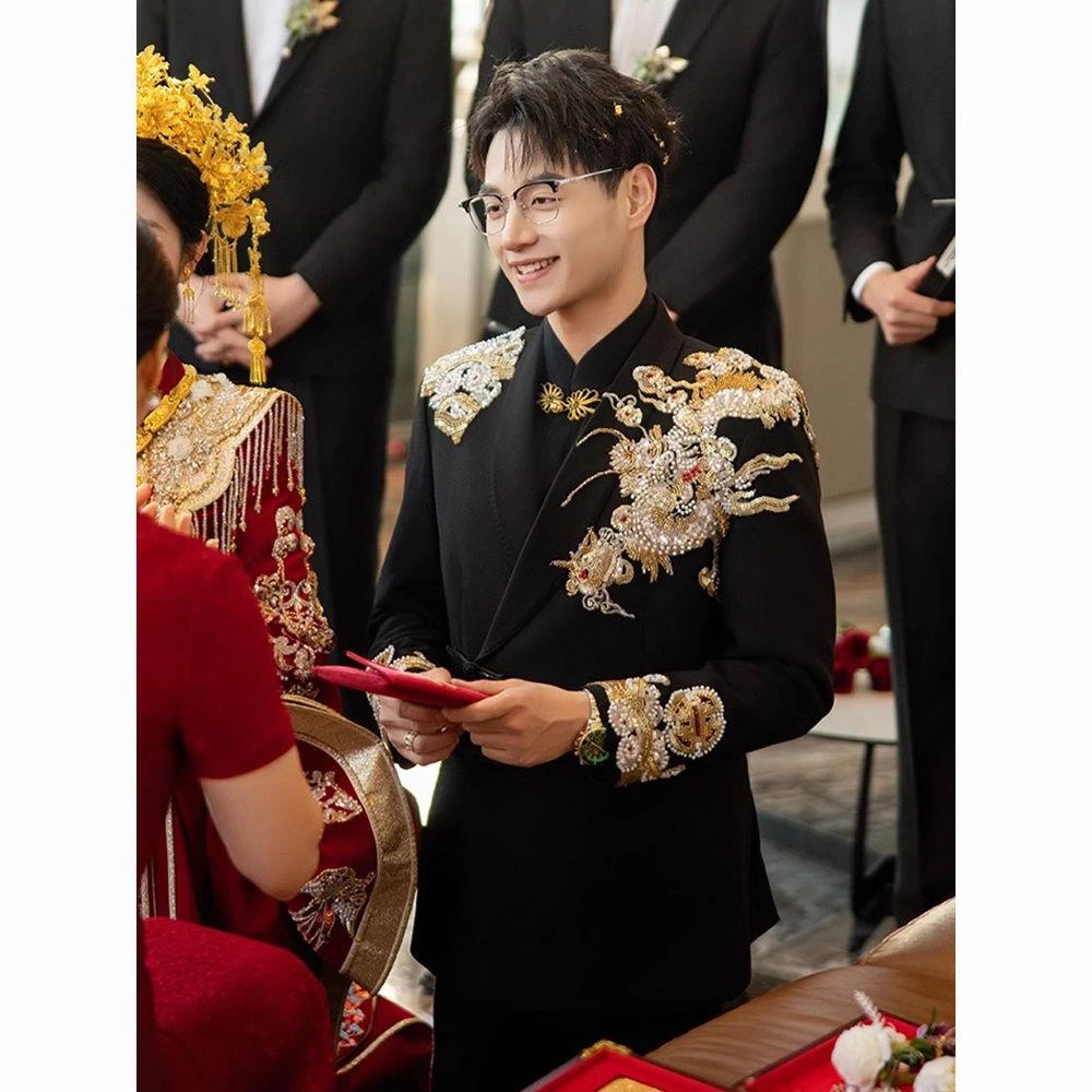 西装新款新郎结婚礼服新中式盘扣龙纹刺绣男士套装订婚大码
