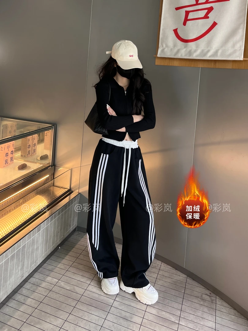 （运补4-8米）加绒拼接运动风风条纹秋季卫裤女款爆款运动裤女加绒