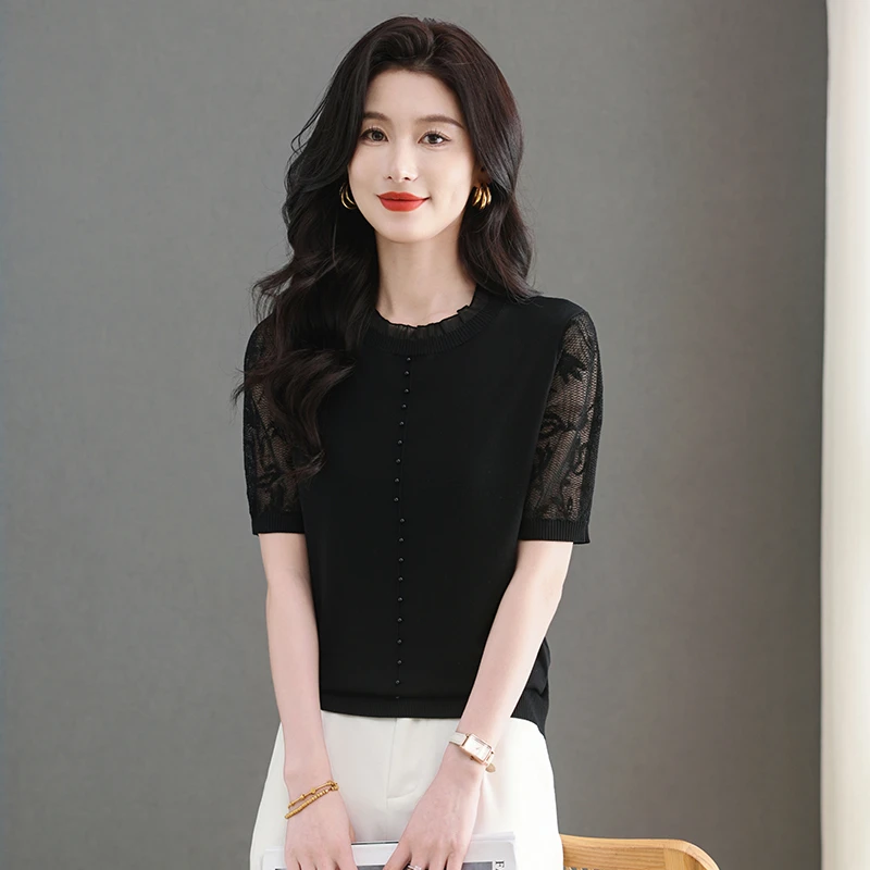 冰丝圆领钉珠蕾丝短袖t恤女夏装2025新款女装薄款上衣镂空针织衫