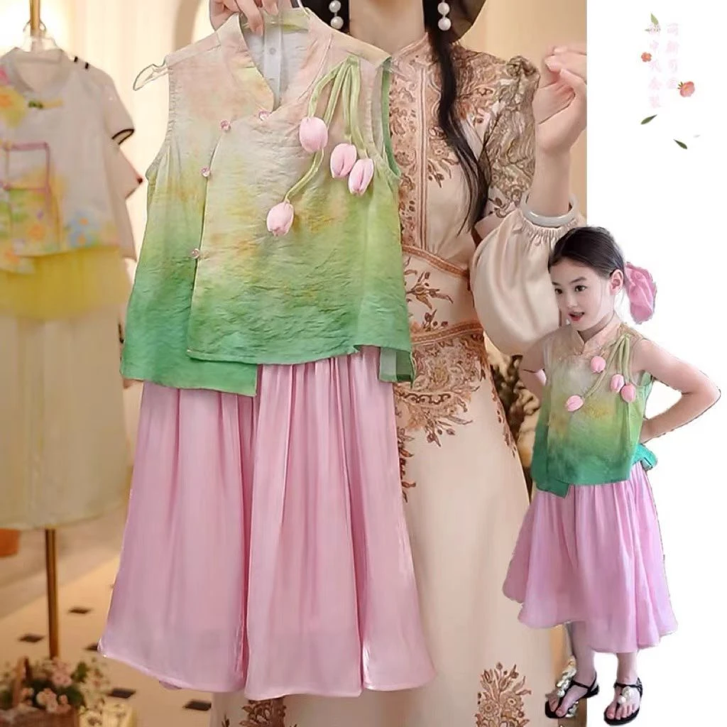 女童新中式套装夏季2025新款国风扎染无袖上衣轻薄裙子宽松复古