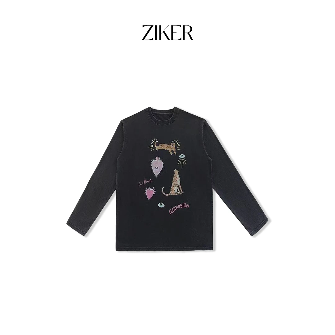 ZIKER｜复古港风水洗做旧金钱豹印花显瘦宽松长袖T恤
