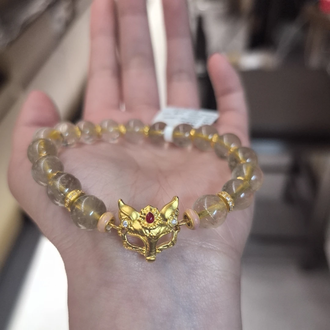 足金纯黄金金色狐狸面具盘缠手串串珠配件个性搭配送人礼物金发