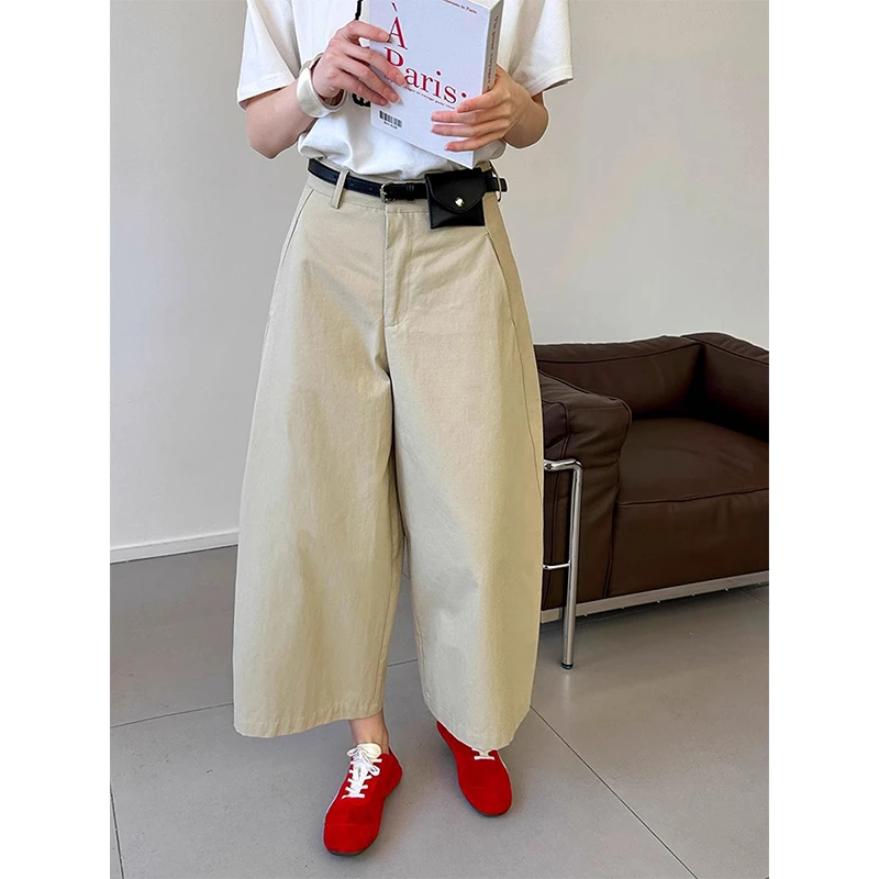 Miss sumeyY3810自制卡其色百搭宽松休闲裤小个子阔腿九分弯刀裤