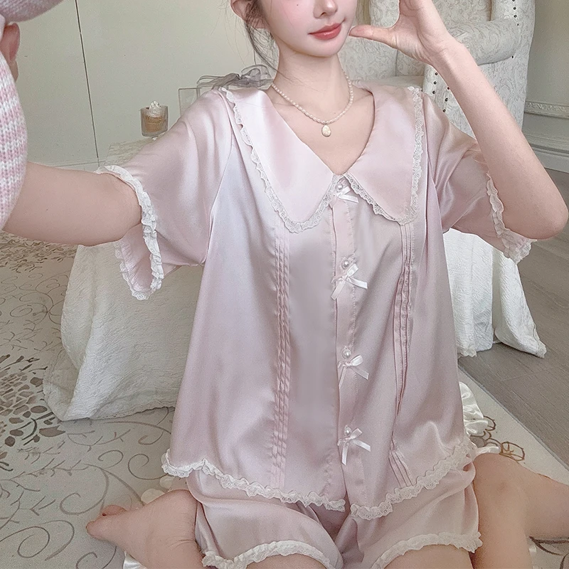 娃娃领睡衣女冰丝夏季甜美糖果色公主风家居服短袖短裤长裤三件套