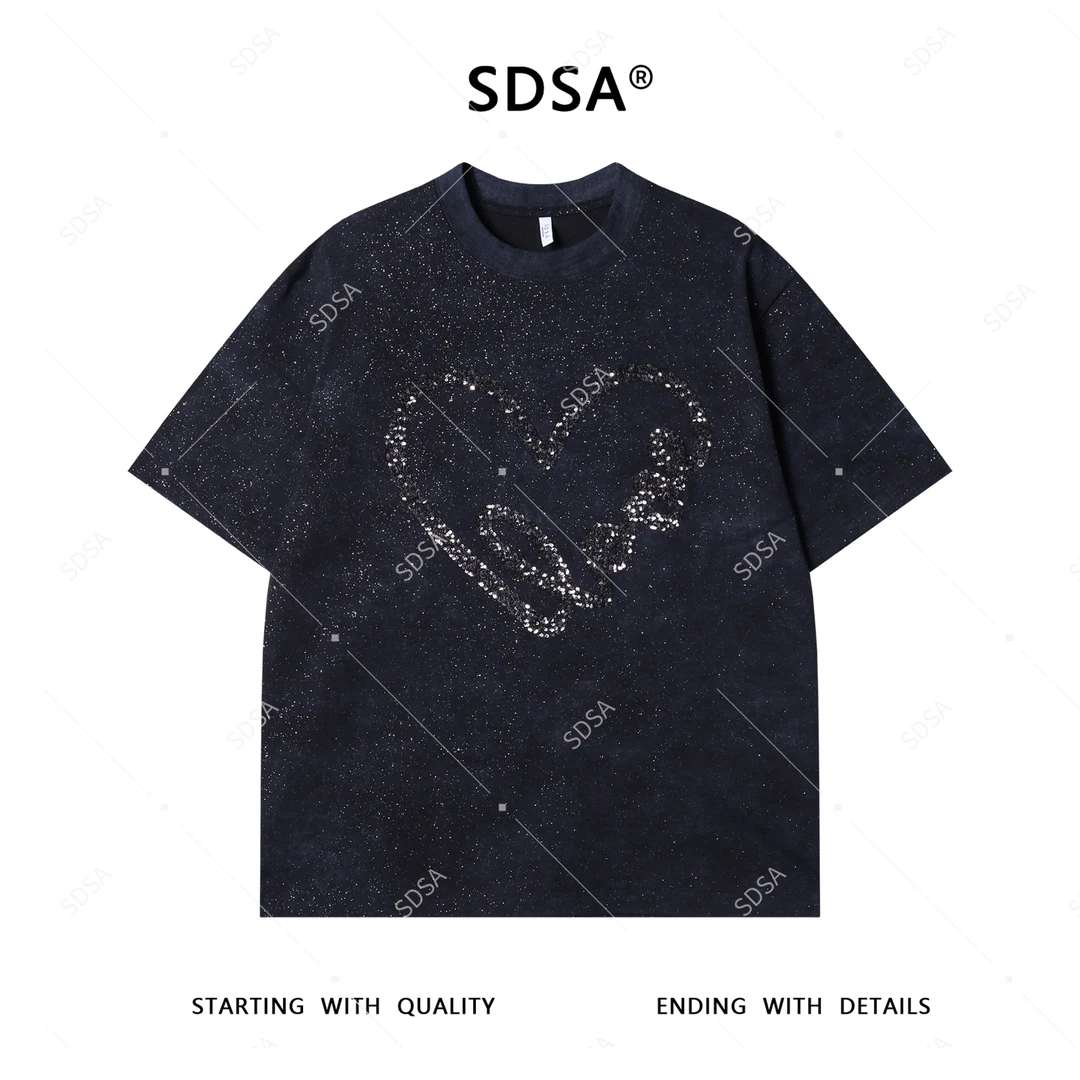 夏季高级感新款男士满天星亮片爱心设计短袖T恤显瘦痞帅圆领上衣
