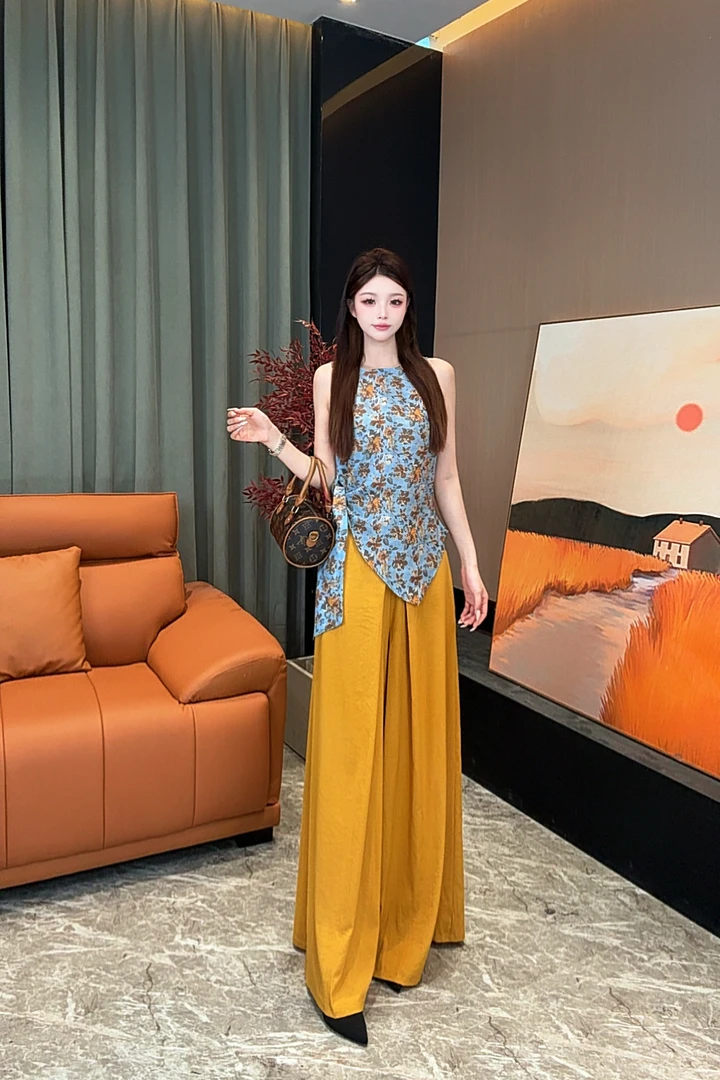 欧欧定制--[PZ11]复古碎花不规则收腰无袖背心+高腰松弛感阔腿裤